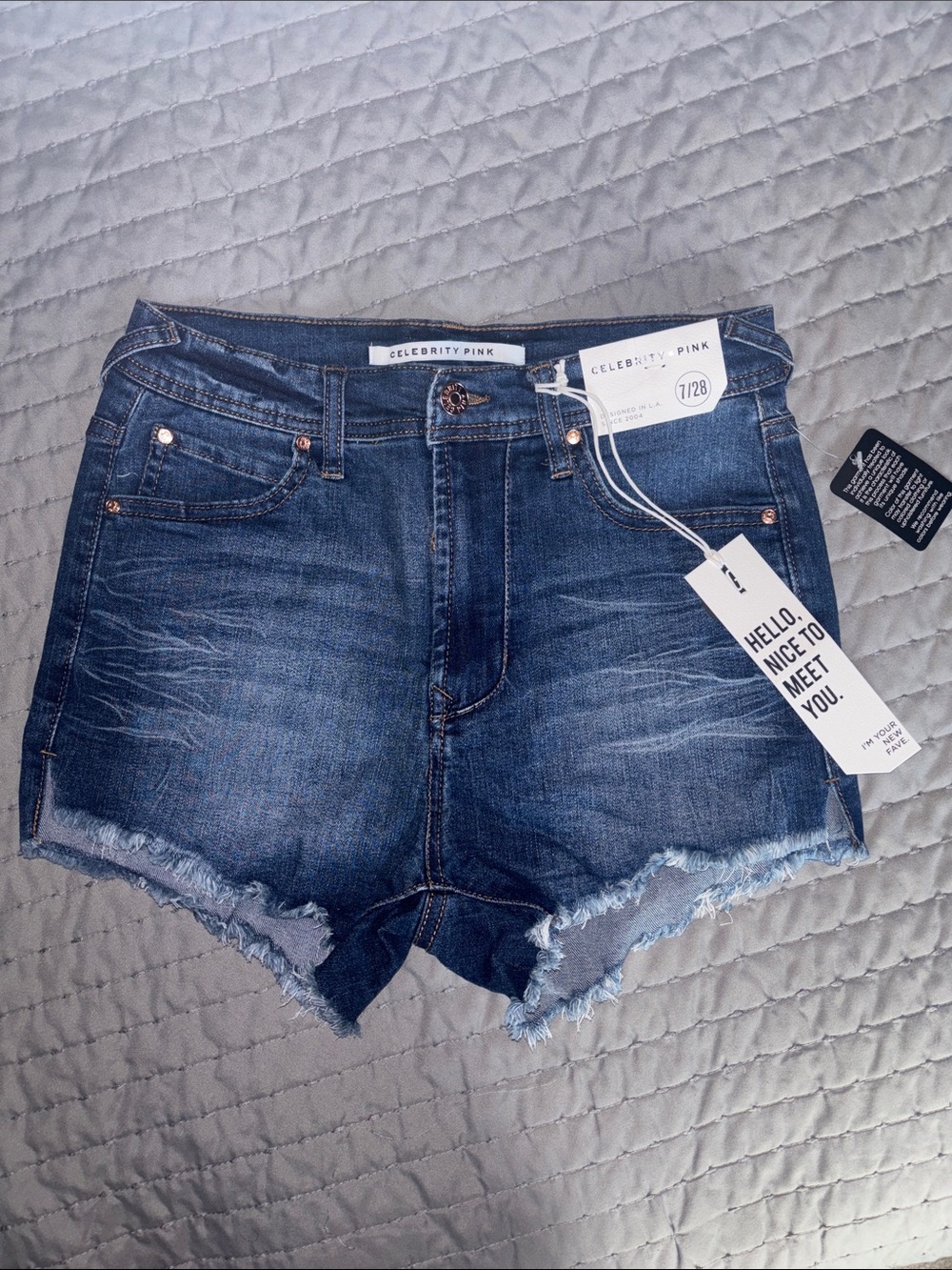 Celebrity Pink Dark Blue Frayed Hem Denim Shorts - Picture 2 of 4